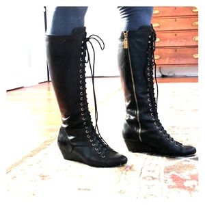 Matiko black leather lace up wedge boots
